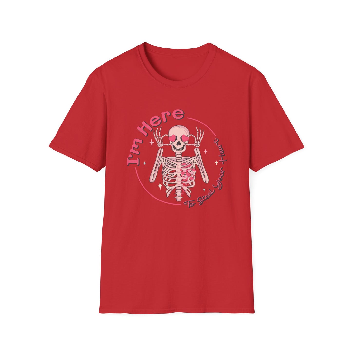 Charming Skeleton Love T-Shirt: "I'm Here To Steal Your Heart" Valentine's Day Graphic Tee – Unique Romantic Gift