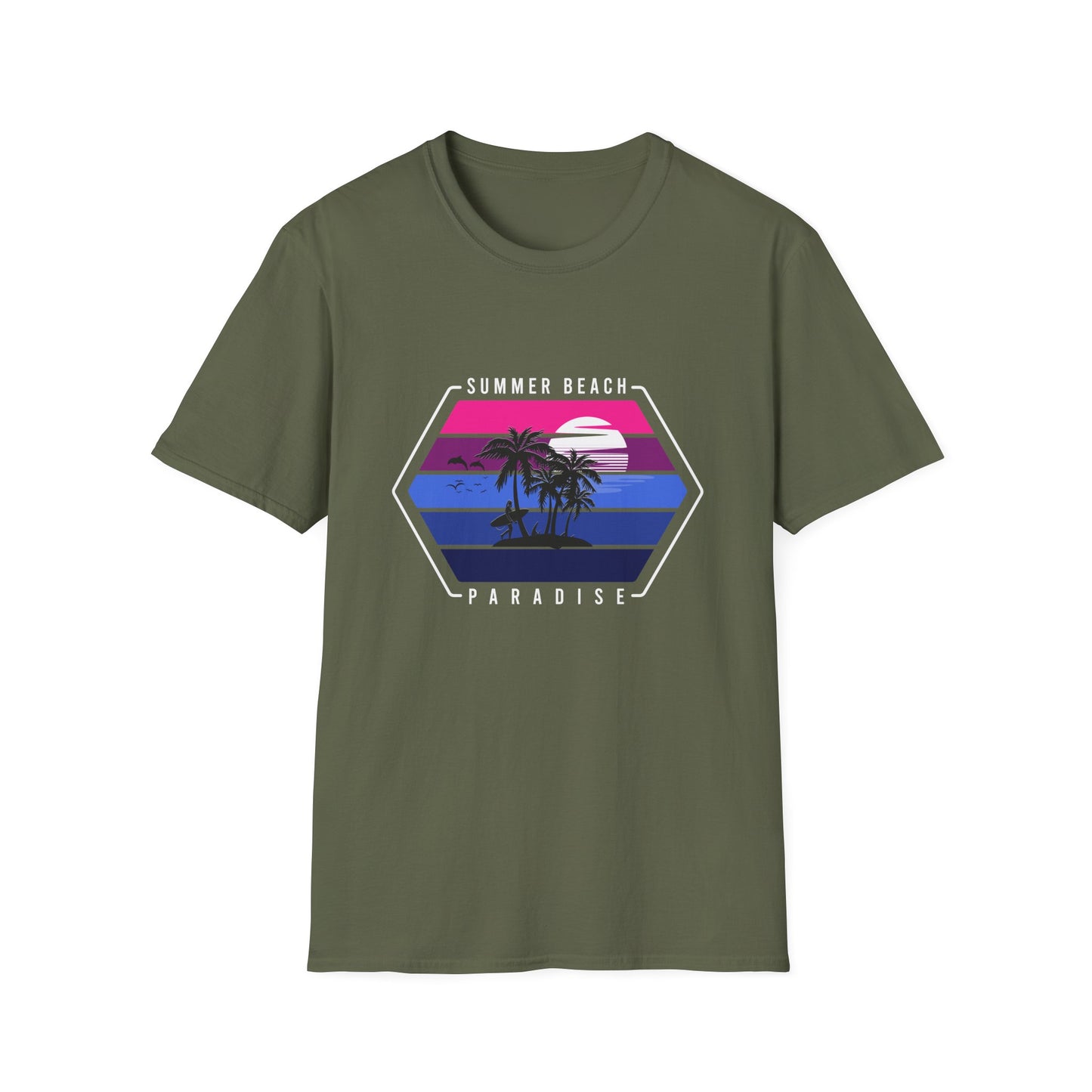 Stunning Tropical Sunset Surfer T-Shirt - Vibrant Beach Paradise Palm Tree Design Tee for Summer & Vacation
