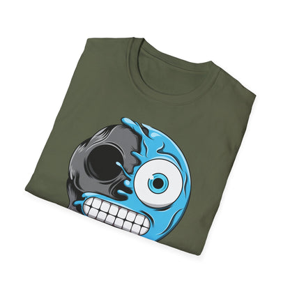 Epic Melting Skull & Blue Cartoon Split Face T-Shirt | Unique Edgy Graphic Tee for Streetwear & Art Lovers