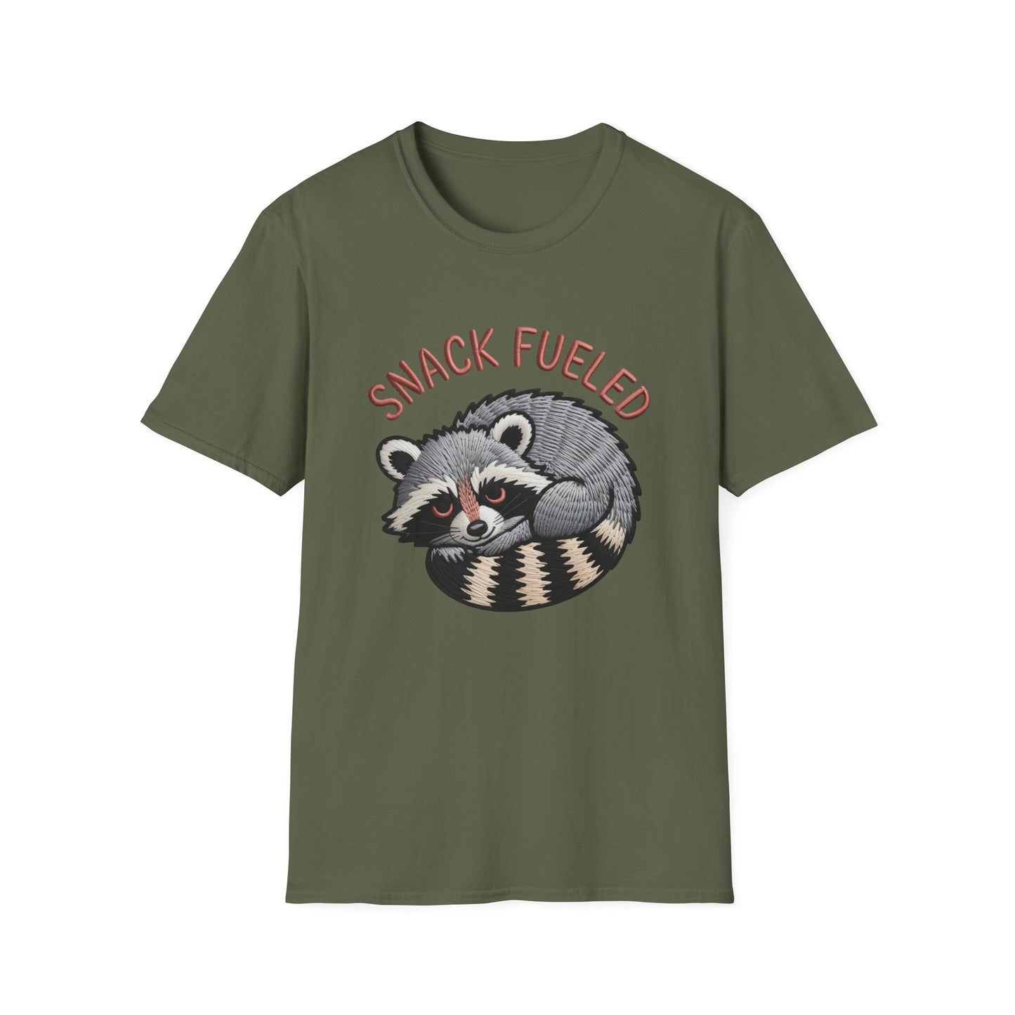 Adorable "Snack Fueled" Raccoon T-Shirt | Funny Embroidered Wildlife Tee for Animal Lovers | Cute & Cozy Gift