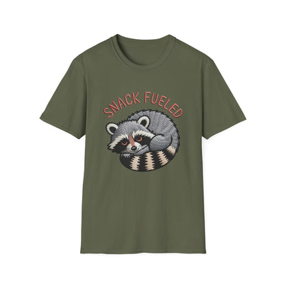 Adorable "Snack Fueled" Raccoon T-Shirt | Funny Embroidered Wildlife Tee for Animal Lovers | Cute & Cozy Gift