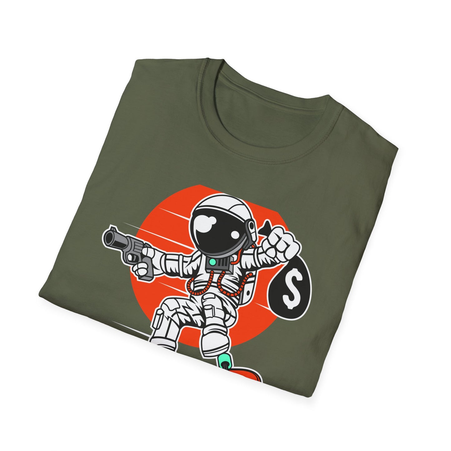 Epic Astronaut Skater T-Shirt: Cosmic Rebel with Cash & Gun | Unique Streetwear Space Outlaw Graphic Tee