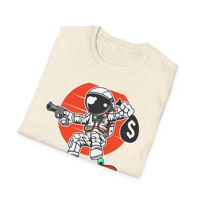 Epic Astronaut Skater T-Shirt: Cosmic Rebel with Cash & Gun | Unique Streetwear Space Outlaw Graphic Tee