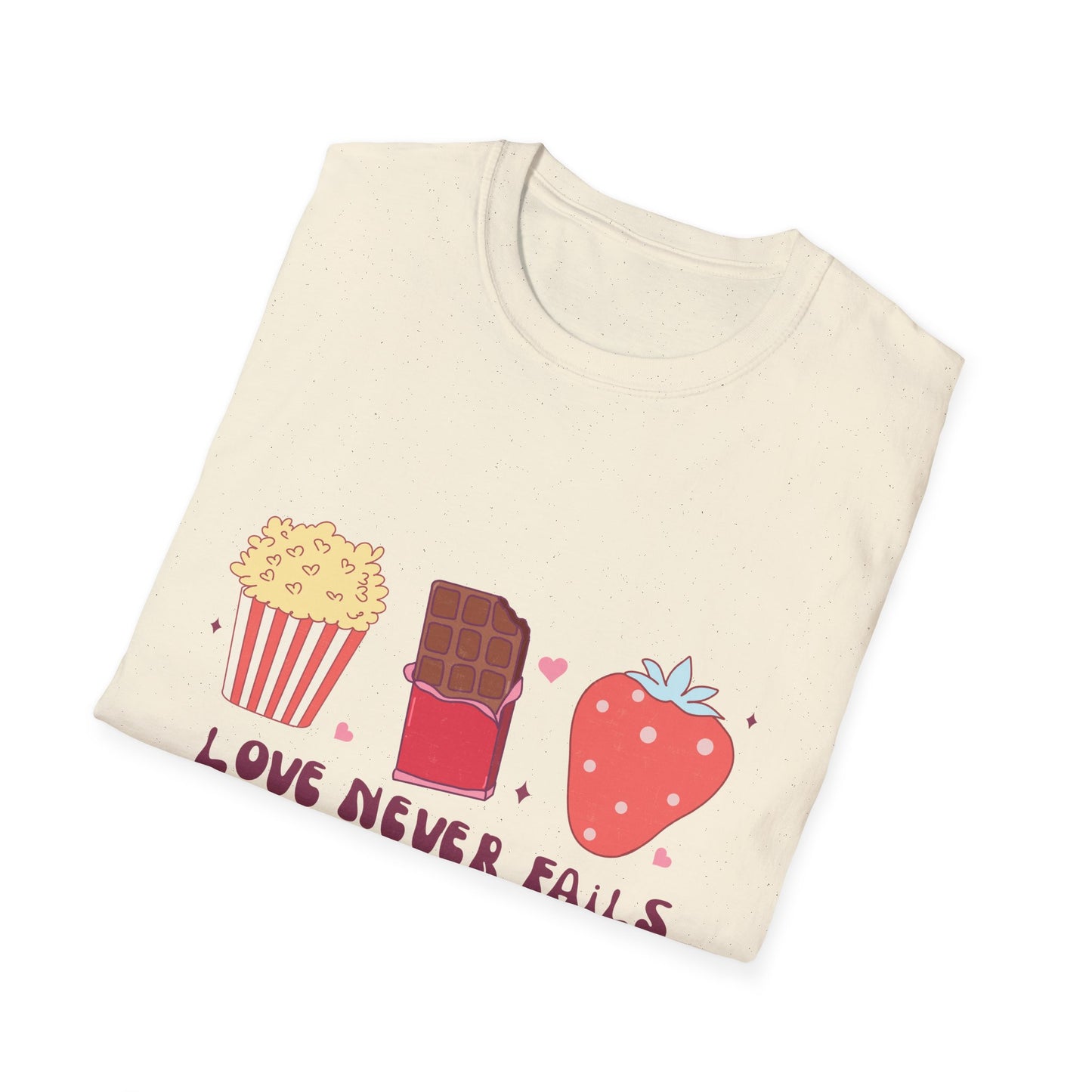 Delicious Retro Love Never Fails T-Shirt - Popcorn, Chocolate, Strawberry Snack Tee for Foodies & Romantics