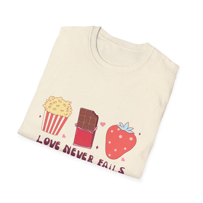 Delicious Retro Love Never Fails T-Shirt - Popcorn, Chocolate, Strawberry Snack Tee for Foodies & Romantics