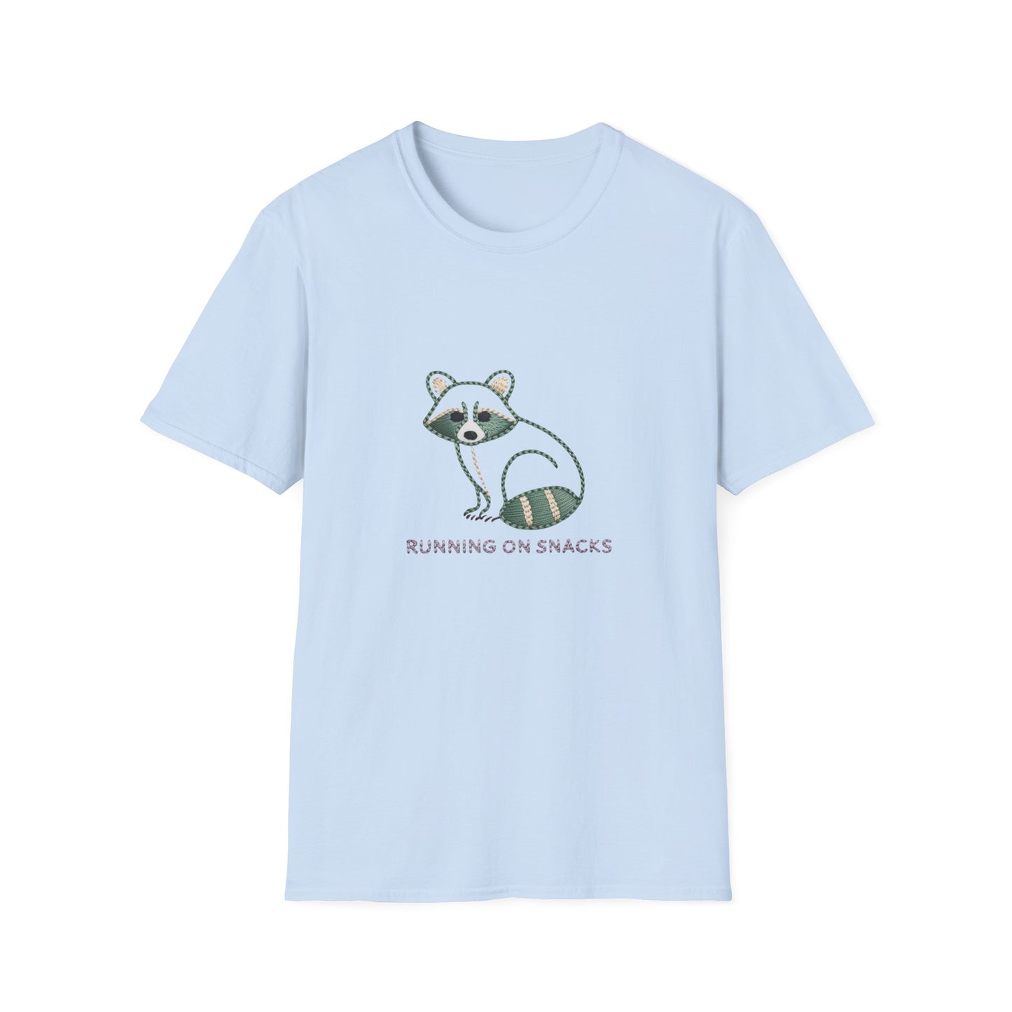 Hilarious 'Running on Snacks' Raccoon T-Shirt - Cozy Embroidered Style Animal Lover Tee, Perfect Gift!