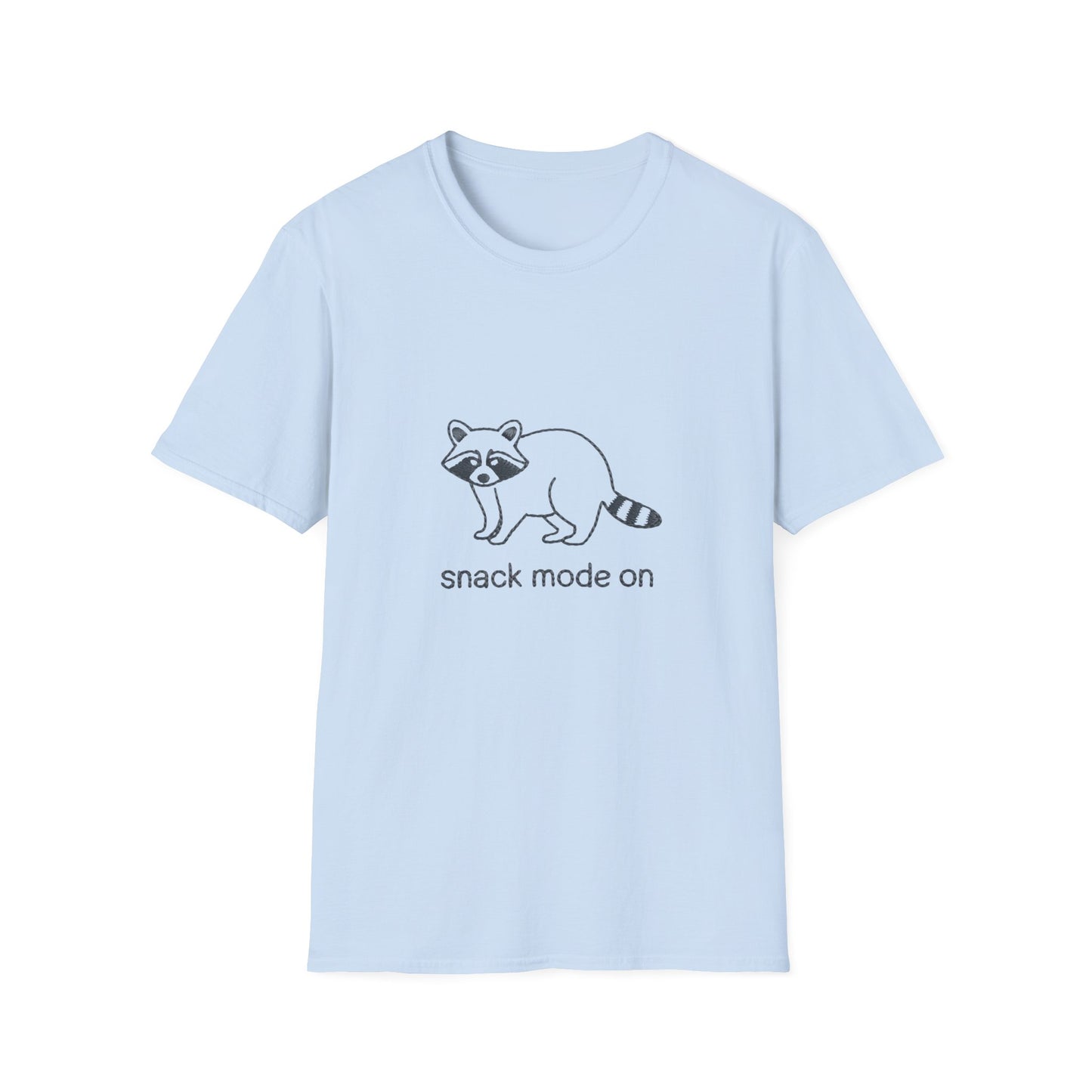 Hilarious Raccoon 'Snack Mode On' T-Shirt | Comfy Foodie Animal Tee | Unique Embroidered Look Gift for Snack Lovers
