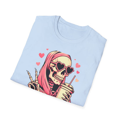 Trendy Pink Skeleton T-Shirt: Chill Vibes, Heart Sunglasses & Peace Sign Tee – Spooky Cute Aesthetic for Women & Teens