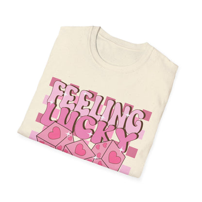 Feeling Lucky Groovy T-Shirt | Pink Heart Dice Retro Aesthetic Tee | Trendy Y2K Cute Sparkling Top for Women & Teens