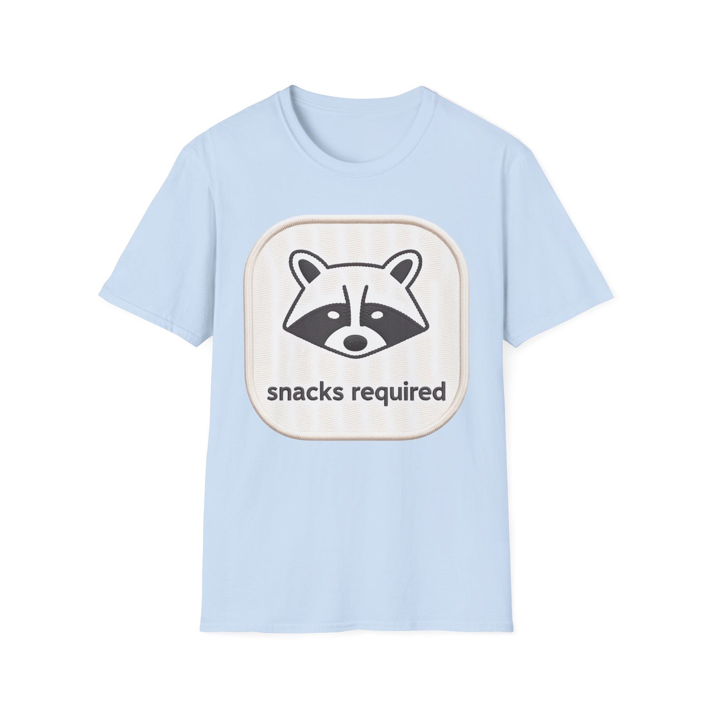 Hilarious "Snacks Required" Raccoon T-Shirt | Cute Embroidered Look Animal Lover Tee for Foodies & Casual Wear