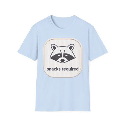 Hilarious "Snacks Required" Raccoon T-Shirt | Cute Embroidered Look Animal Lover Tee for Foodies & Casual Wear