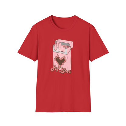 Unique Self Love T-Shirt | Pink Retro Cigarette Pack & Flaming Heart Design | Empowering Aesthetic Tee