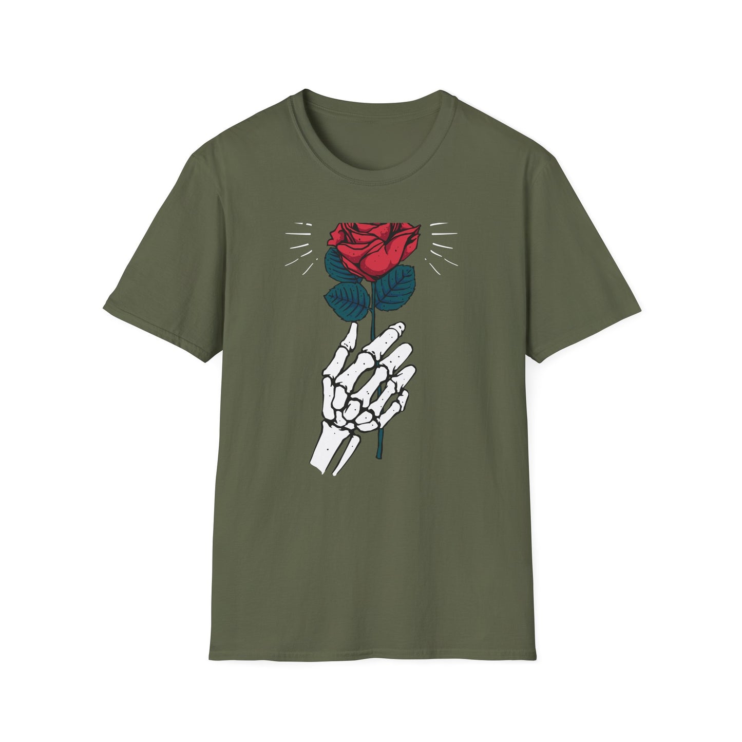 Striking Skeleton Hand Holding Rose T-Shirt | Unique Gothic Love Tee | Captivating Alt Fashion Top for Edgy Style