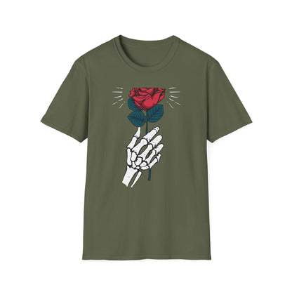 Striking Skeleton Hand Holding Rose T-Shirt | Unique Gothic Love Tee | Captivating Alt Fashion Top for Edgy Style