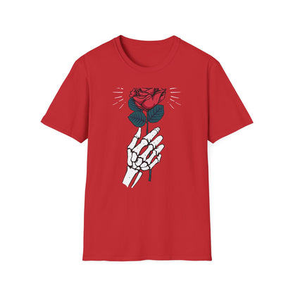 Striking Skeleton Hand Holding Rose T-Shirt | Unique Gothic Love Tee | Captivating Alt Fashion Top for Edgy Style