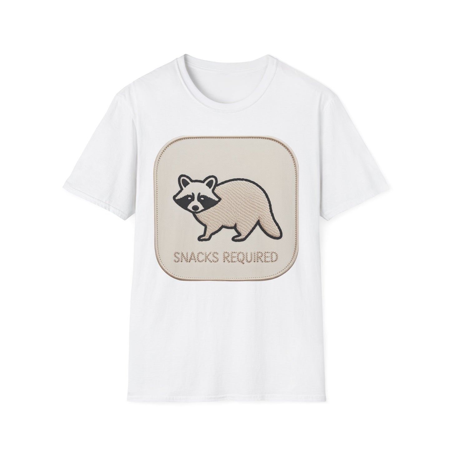 Hilarious Raccoon "Snacks Required" T-Shirt | Cute Embroidered Look Animal Lover & Foodie Gift | Unique Soft Tee