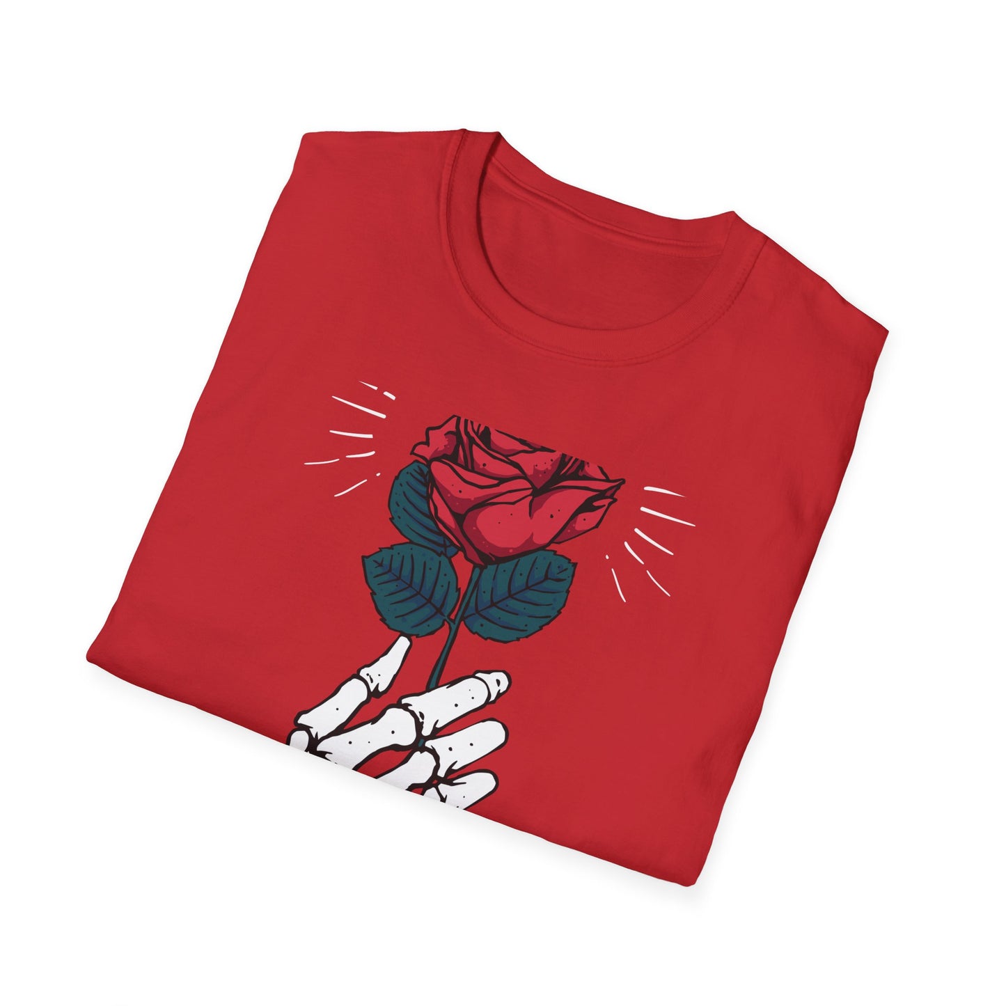 Striking Skeleton Hand Holding Rose T-Shirt | Unique Gothic Love Tee | Captivating Alt Fashion Top for Edgy Style