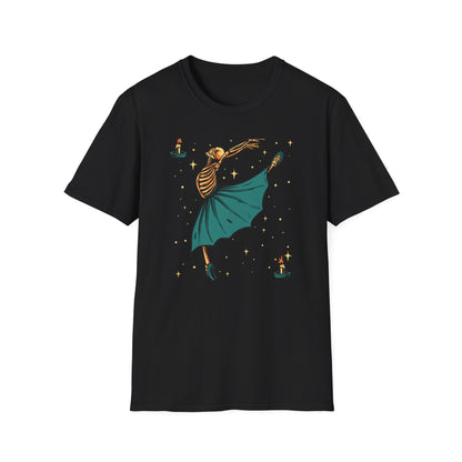 Enchanting Skeleton Ballerina T-Shirt | Mystical Dance Goth Tee | Unique Spooky Chic Apparel for Halloween & Beyond
