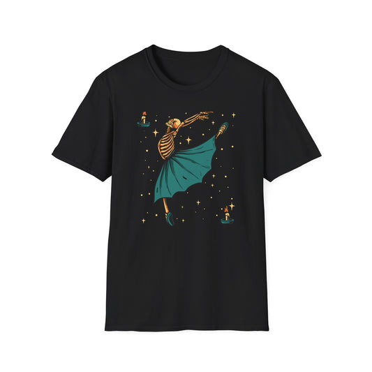 Enchanting Skeleton Ballerina T-Shirt | Mystical Dance Goth Tee | Unique Spooky Chic Apparel for Halloween & Beyond