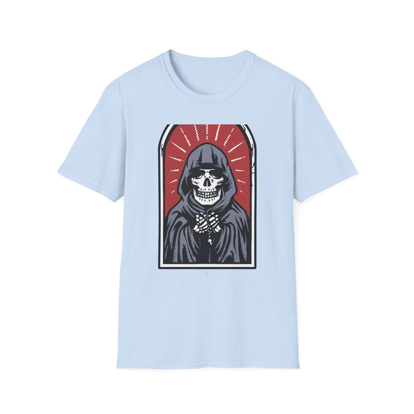 Bold Pop Art Skeleton T-Shirt: Hooded Grim Reaper with Rosary - Unique Gothic Alt Style Tee