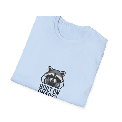 Hilarious Raccoon 'Built On Snacks' T-Shirt | Funny Animal Foodie Tee | Awesome Snack Lover Gift