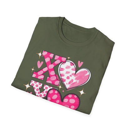 Sparkling XOXO Love Hearts T-Shirt | Chic Pink Polka Dot & Brushstroke Tee | Perfect Valentine's Day & Everyday Wear