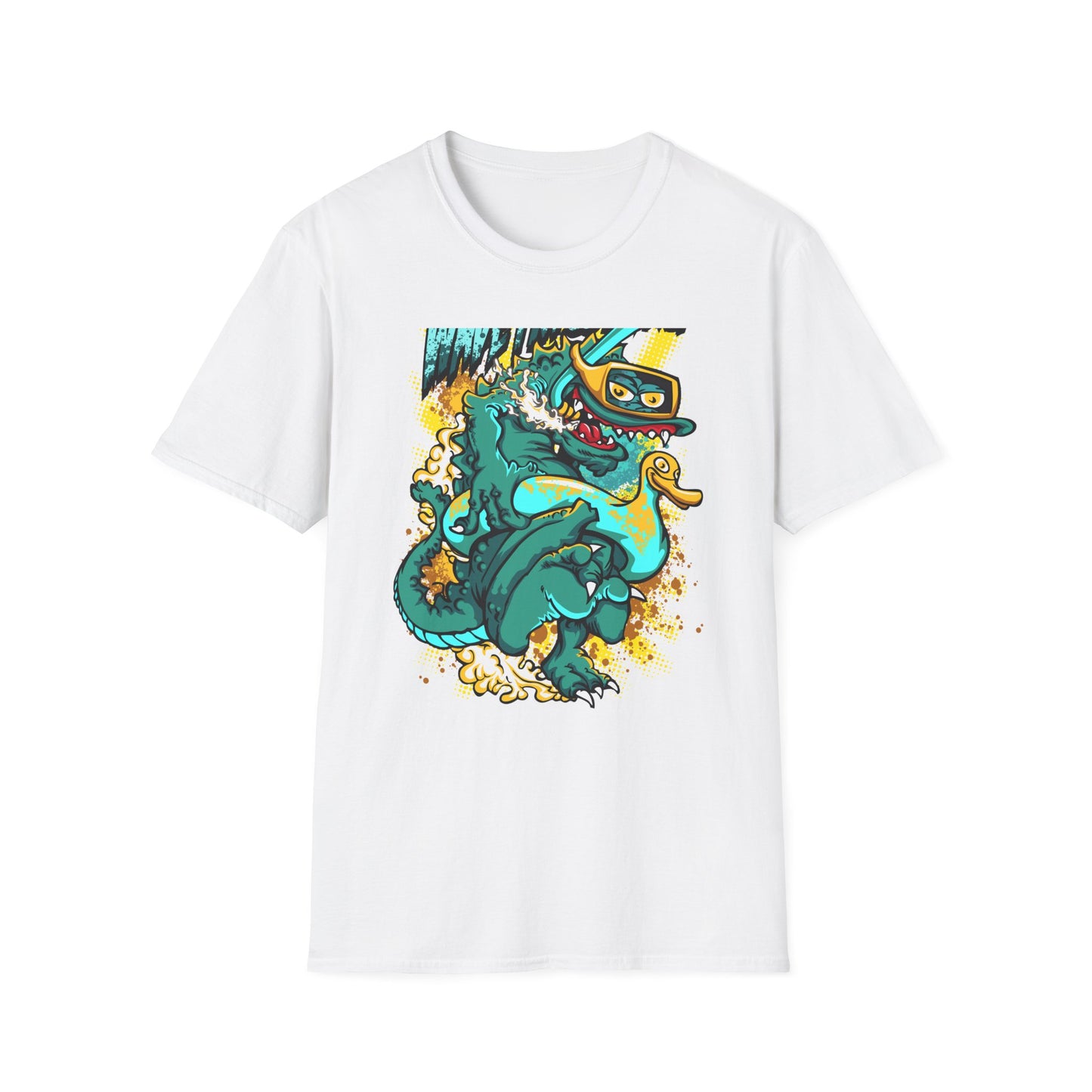 Epic 'WAVE I'M COMING' Monster T-Shirt - Hilarious Swimming Dragon & Duck Float Graphic Tee for Summer Fun & Beach Adventures