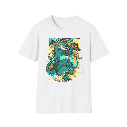 Epic 'WAVE I'M COMING' Monster T-Shirt - Hilarious Swimming Dragon & Duck Float Graphic Tee for Summer Fun & Beach Adventures
