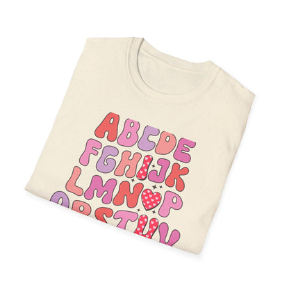 Vibrant Groovy Alphabet T-Shirt | Cute Heart Letter Retro Aesthetic Tee | Fun Teacher & Valentine's Day Gift