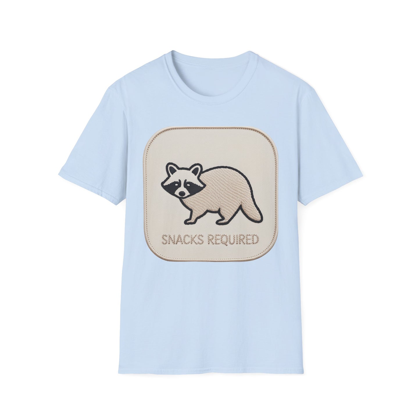 Hilarious Raccoon "Snacks Required" T-Shirt | Cute Embroidered Look Animal Lover & Foodie Gift | Unique Soft Tee
