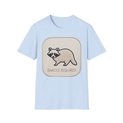 Hilarious Raccoon "Snacks Required" T-Shirt | Cute Embroidered Look Animal Lover & Foodie Gift | Unique Soft Tee