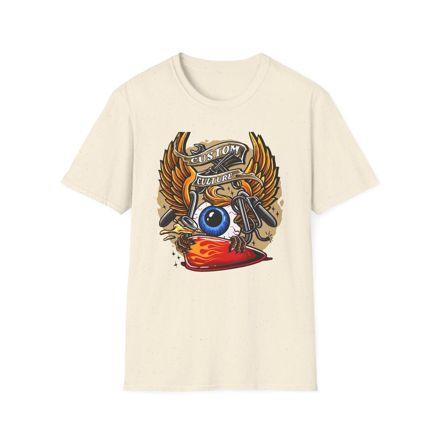 Epic Custom Culture T-Shirt | Bold Flaming Eye & Biker Wings Design | Unleash Your Rebel Spirit - Hot Rod Tee
