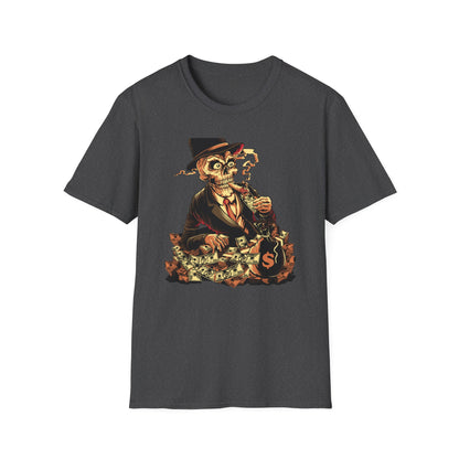 Epic Billionaire Skeleton T-Shirt: Dapper Skull, Money Stacks & Burning Dollar Cigar - Ultimate Hustle Tee