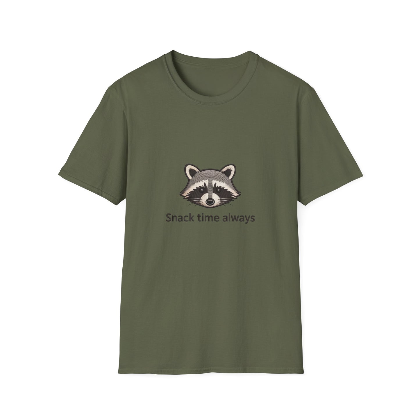 Hilarious Raccoon 'Snack Time Always' Embroidered T-Shirt | Cute Animal Lover Tee for Foodies & Wildlife Fans
