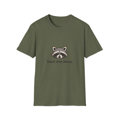 Hilarious Raccoon 'Snack Time Always' Embroidered T-Shirt | Cute Animal Lover Tee for Foodies & Wildlife Fans