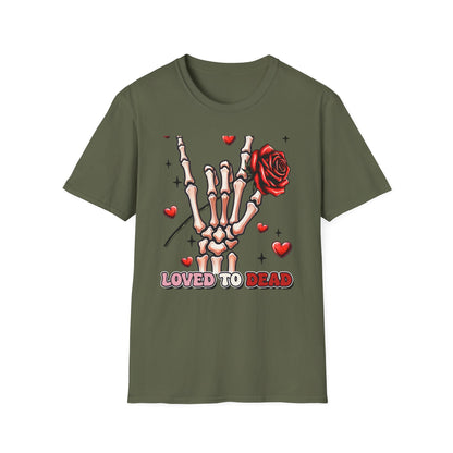 Unleash Your Dark Romance: 'Loved to Dead' Skeleton Rock Hand Rose T-Shirt | Edgy Gothic Valentine's Gift