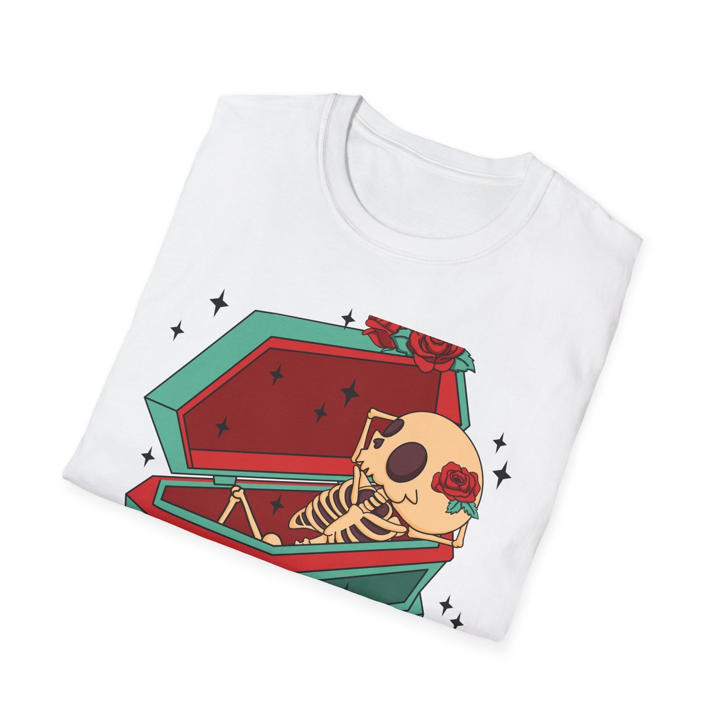 Chill Skeleton in Coffin T-Shirt | Unique Spooky Cute Goth Tee with Red Roses | Ultimate Alternative Style