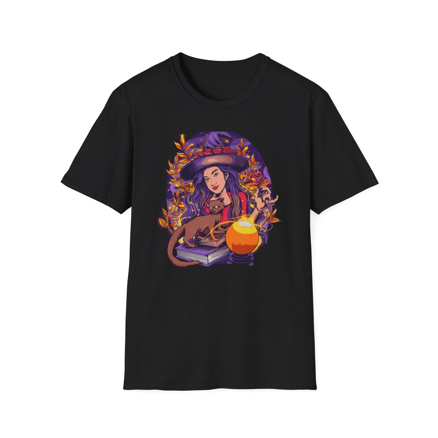 Enchanting Mystical Witch T-Shirt | Women's Fantasy Magic Tee with Cat, Crystal Ball & Roses | Awesome Gift