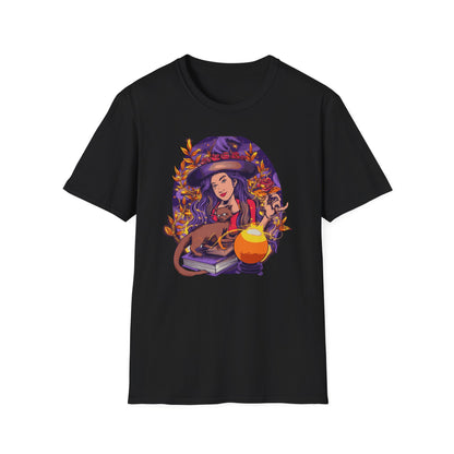 Enchanting Mystical Witch T-Shirt | Women's Fantasy Magic Tee with Cat, Crystal Ball & Roses | Awesome Gift