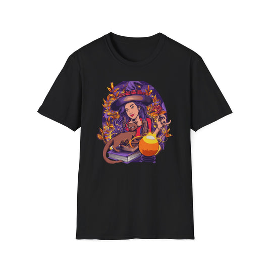 Enchanting Mystical Witch T-Shirt | Women's Fantasy Magic Tee with Cat, Crystal Ball & Roses | Awesome Gift