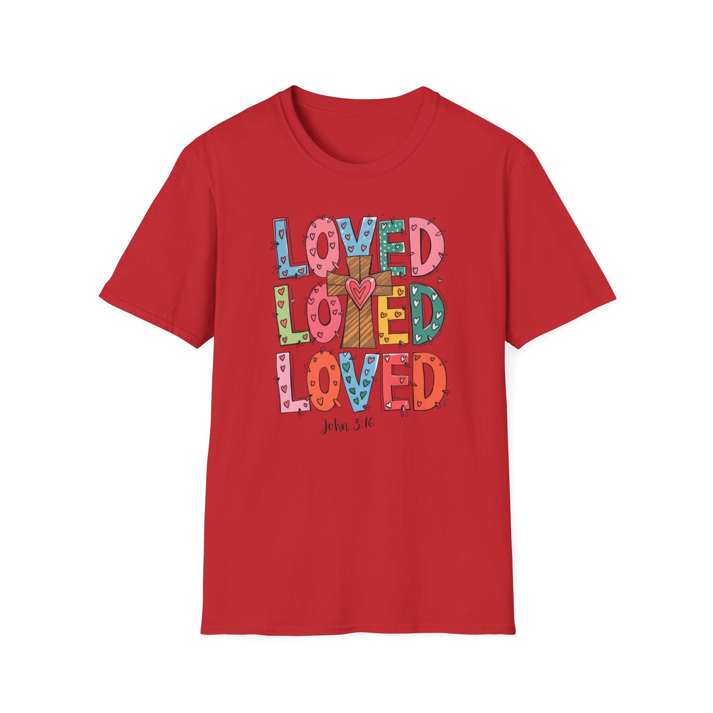 Vibrant Loved John 3:16 T-Shirt | Christian Faith Cross Hearts Tee | Uplifting Scripture Apparel for Women & Believers