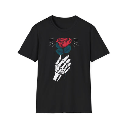 Striking Skeleton Hand Holding Rose T-Shirt | Unique Gothic Love Tee | Captivating Alt Fashion Top for Edgy Style
