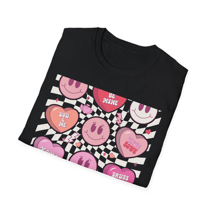 Groovy Retro Valentine's T-Shirt | Adorable Conversation Heart & Smiley Face Design | Trendy Love Core Aesthetic Tee