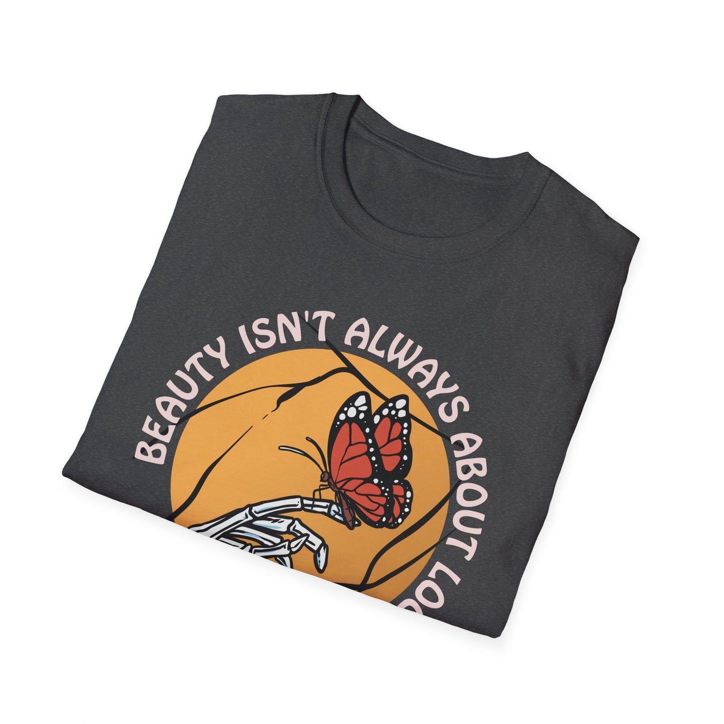 Expressive Skeleton Hand & Monarch Butterfly T-Shirt | 'Beauty Isn't About Looks' Deep Meaning Art Tee