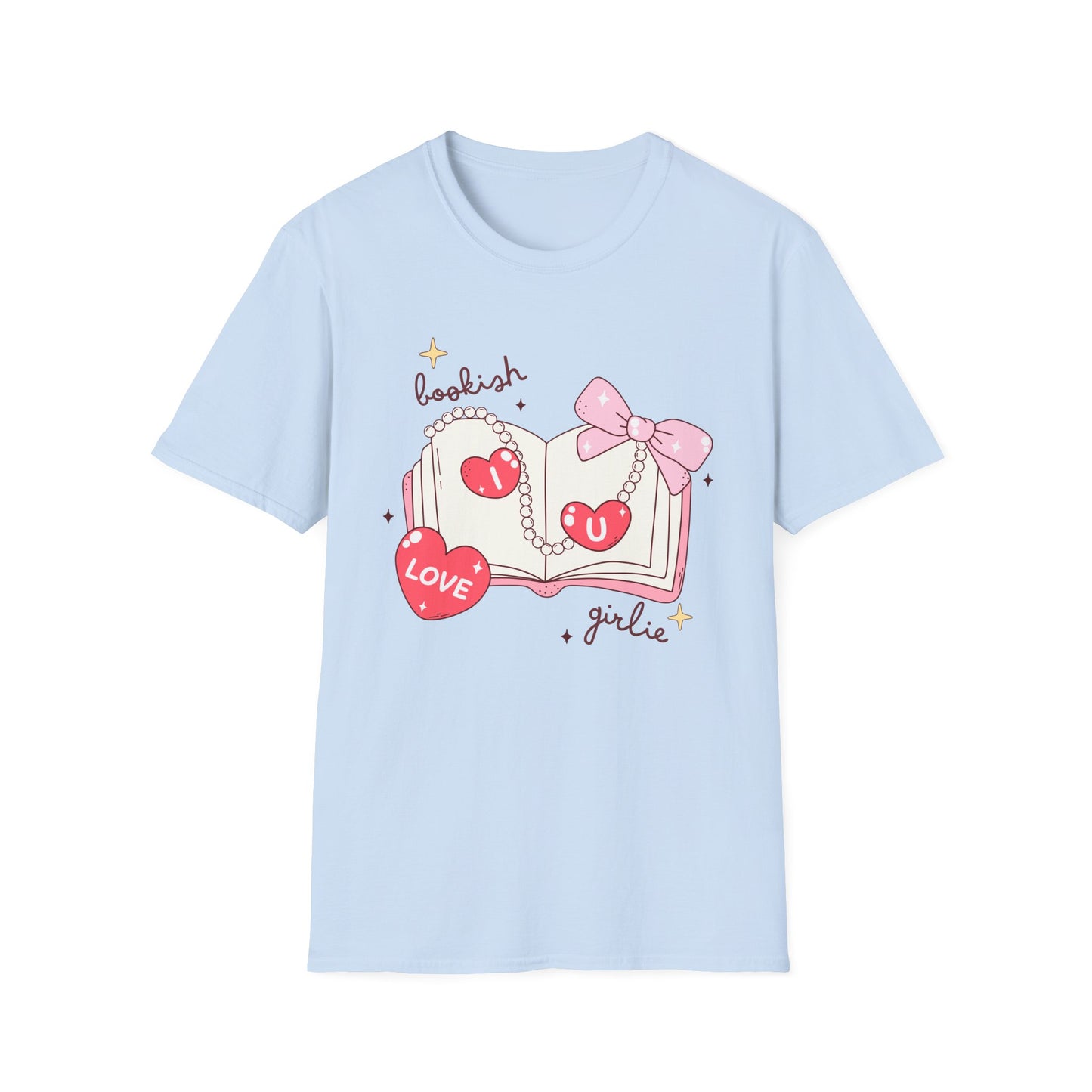 Sweet Bookish Girlie T-Shirt: 'I Love You' Hearts, Pearl Necklace & Pink Bow Design | Perfect Romantic Gift for Book Lovers