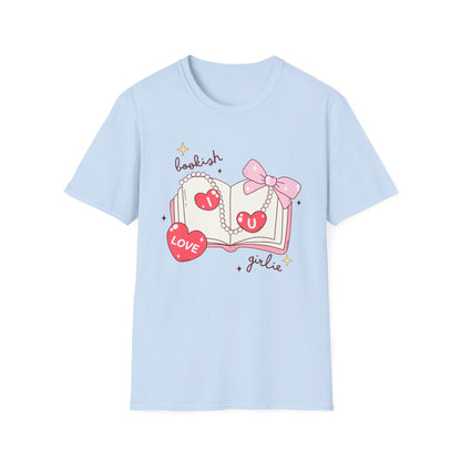 Sweet Bookish Girlie T-Shirt: 'I Love You' Hearts, Pearl Necklace & Pink Bow Design | Perfect Romantic Gift for Book Lovers