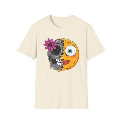 Striking Melting Emoji Skull T-Shirt – Unique Duality Graphic Tee for Edgy, Alternative & Goth Styles
