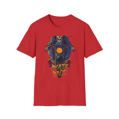 Epic Grim Reaper Biker T-Shirt | 'Death Race' Skeleton Motorcycle Graphic Tee for Bold Riders & Edgy Streetwear Fans