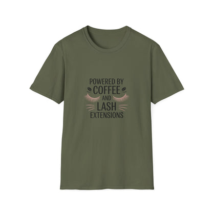 Chic 'Powered by Coffee & Lash Extensions' T-Shirt | Fabulous Lash Tech & Beauty Lover Tee with Cat Eye Design