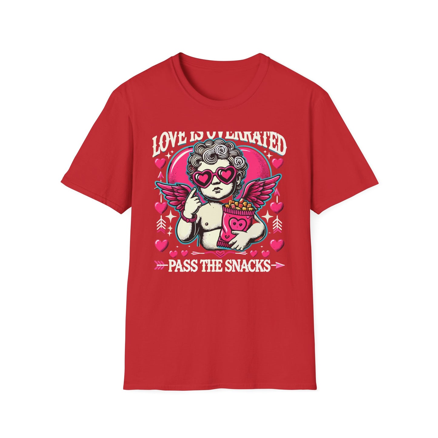 Hilarious 'Love Is Overrated Pass The Snacks' T-Shirt - Anti-Valentine's Day Cupid & Fries Tee. Perfect for Singles & Snack Lovers!